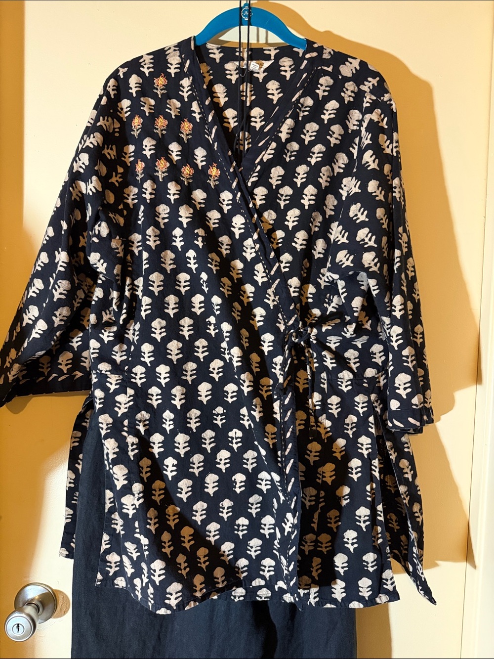 Black & Cream hand block-printed cotton angrakha-style short kurti & embroidery